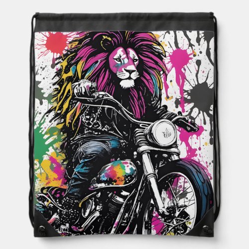 Unique Digital Art Funny Goth Lion on a Motorbike Drawstring Bag