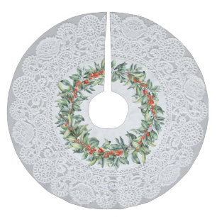 Unique "Doily" Look with Red Berry Wreath Brushed Polyester Tree Skirt