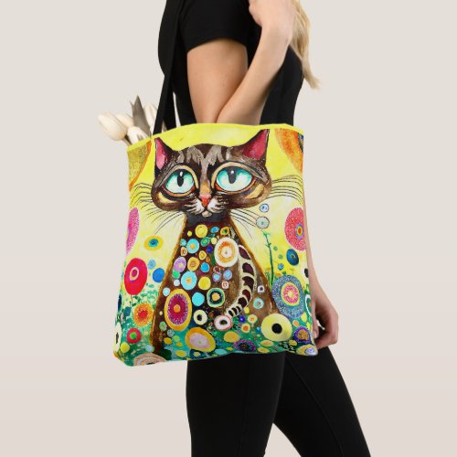 UNIQUE DRAWING OF A BROWN AND BIG EYES CAT TOTE BAG