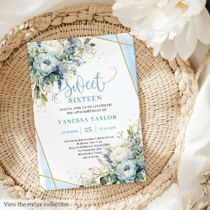 Unique Dusty Blue White Gold Flowers Sweet 16 Invitation