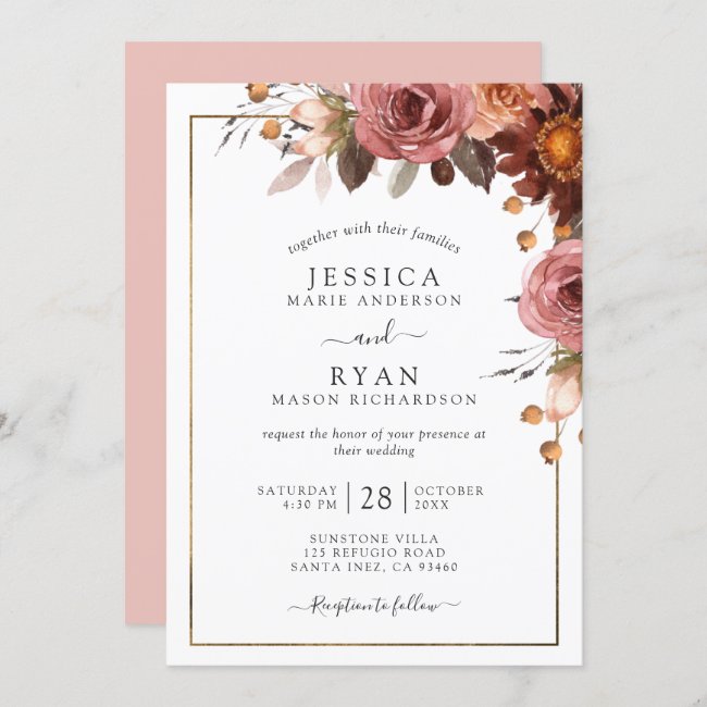Unique Dusty Rose, Blush, Burgundy Floral Wedding Invitation