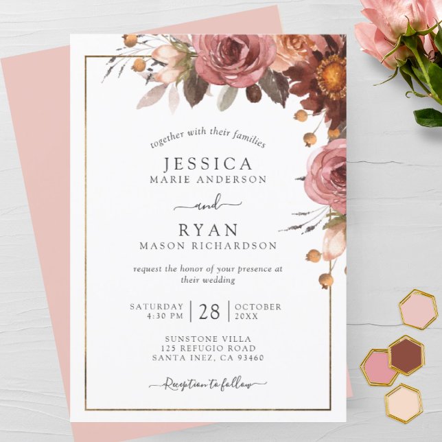 Unique Dusty Rose, Blush, Burgundy Floral Wedding Invitation