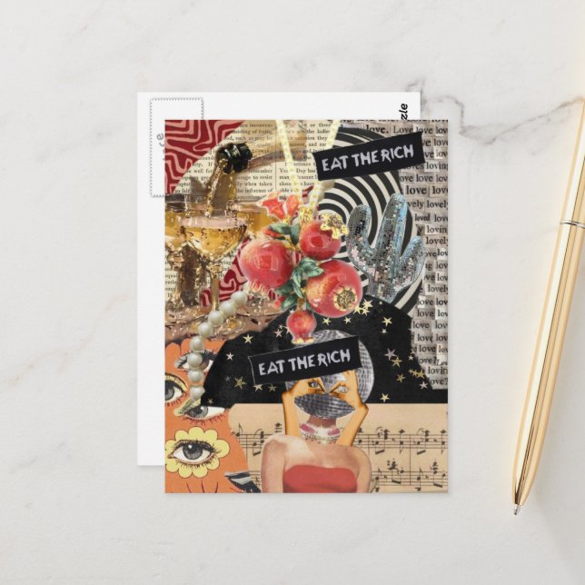 Unique Eat the Rich Mixed Media Collage Postcard (Front/Back In Situ)