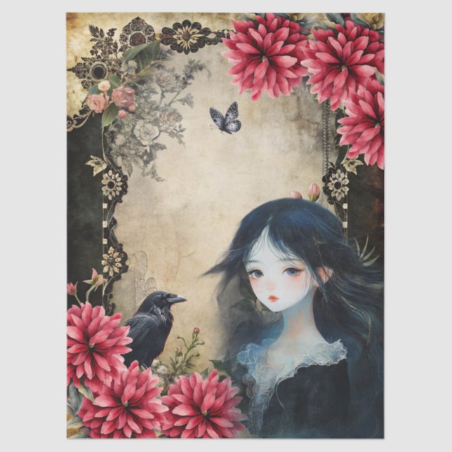 Unique Elegant Asian Gothic Girl Floral Garden  Tissue Paper (Front)