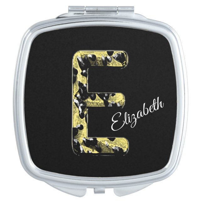 Unique Elegant Black and Gold Letter E Monogram Compact Mirror (Front)