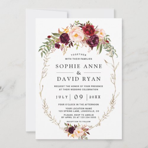 Unique Elegant Burgundy Pink Flowers Gold Wedding Invitation