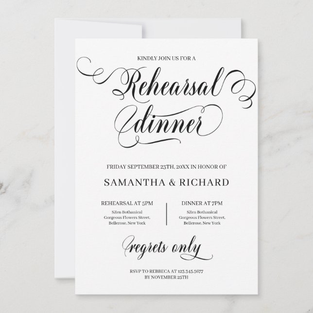 Unique elegant calligraphy script rehearsal dinner invitation (Front)