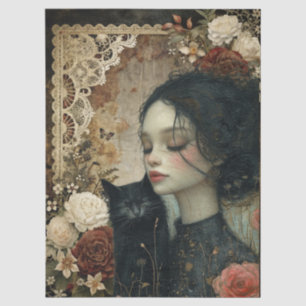 Unique Elegant Girl & Black Cat Floral Garden Tissue Paper
