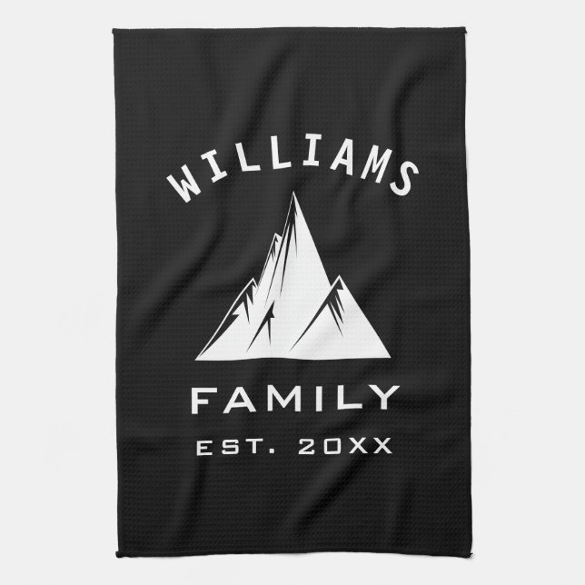 Unique Elegant Mountain Family Name Black White Kitchen Towel (Vertical)