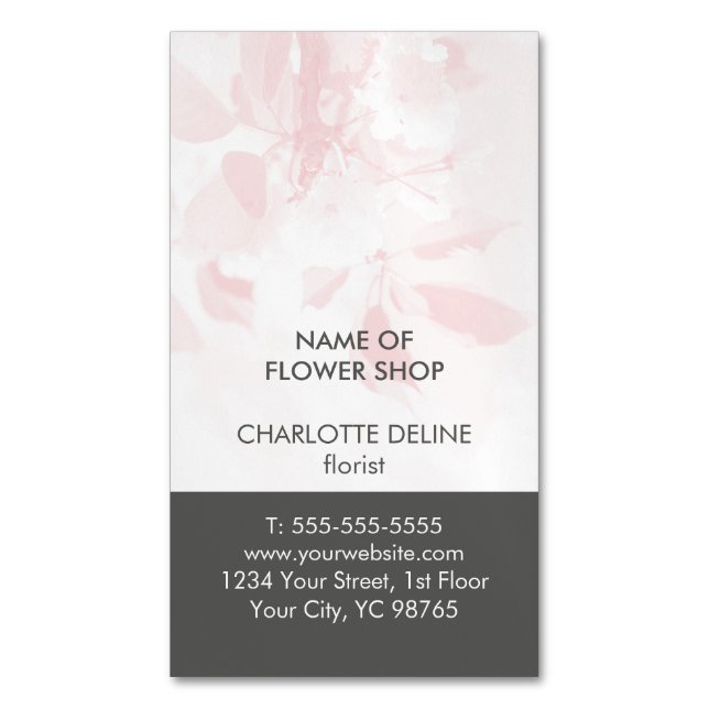 Unique Elegant Pale Pink Grey Floral Florist Business Card Magnet (Front Vertical)