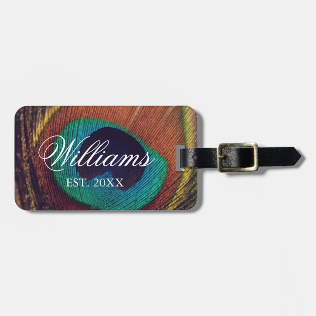 Unique elegant peacock feather custom travel luggage tag (Front Horizontal)