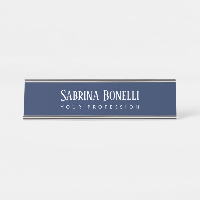 Unique Elegant Plain Simple Blue White Desk Name Plate (Front)