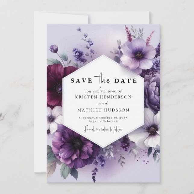 Unique Elegant Purple Floral Wedding Save The Date (Front)
