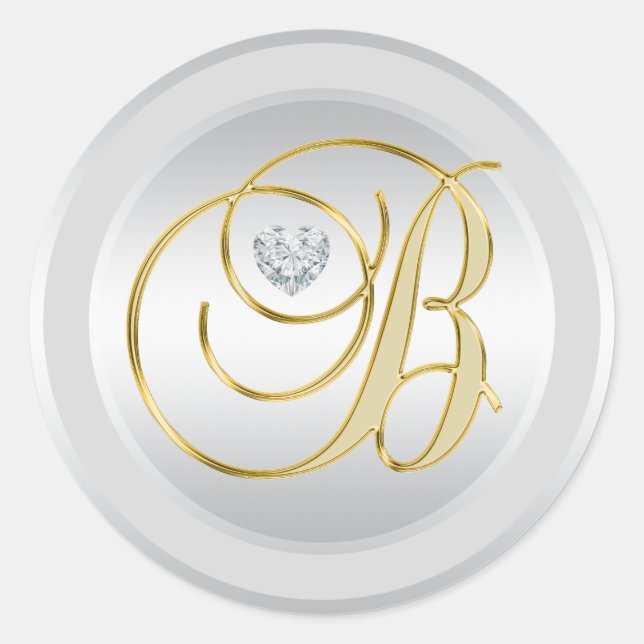 Unique Elegant Silver Gold Monogrammed Initial 'B' Classic Round Sticker (Front)