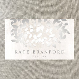 Unique Elegant Silver Leaves On White Marble Business Card
