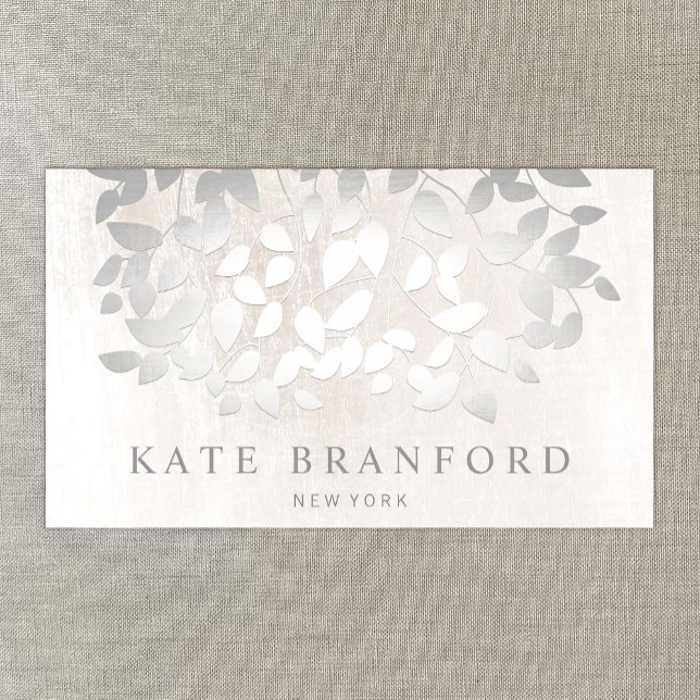 Unique Elegant Silver Leaves On White Marble Business Card (Creator Uploaded)