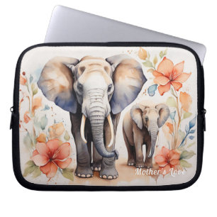 Unique Elephant Mother and Child Floral Watercolor Laptop Sleeve