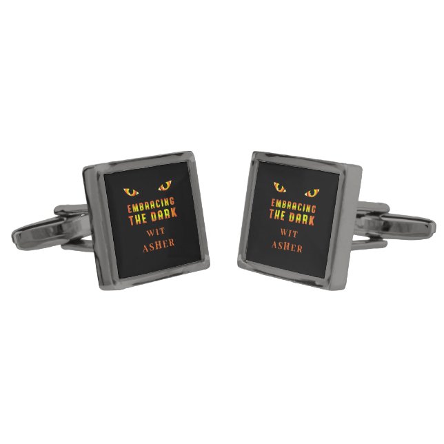 Unique Embracing the Dark Quote with Fiery Eyes Cufflinks (Angled)