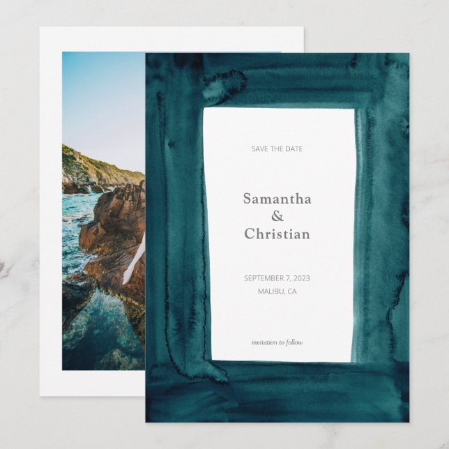 Unique Emerald Watercolor Photo Save the Date Invitation (Front/Back)