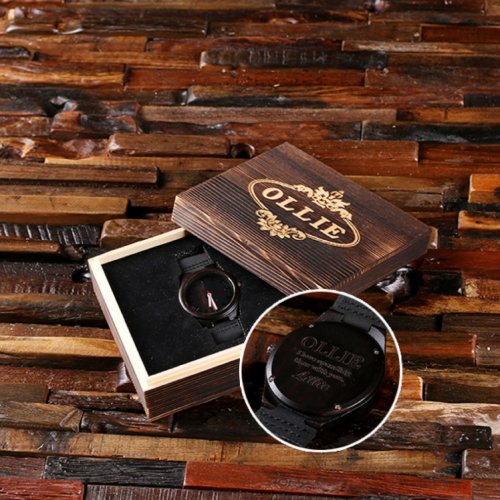 Unique Engrave Gift Box  Black Bamboo Wood Watch 