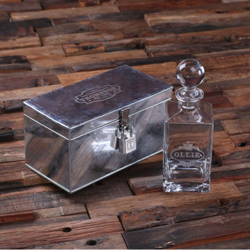 Unique Engraved Metal Box with Lock Glass Decanter