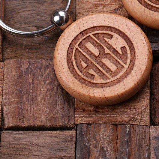 Unique Engraved Monogram Round Dark Wood Keychain (Top)