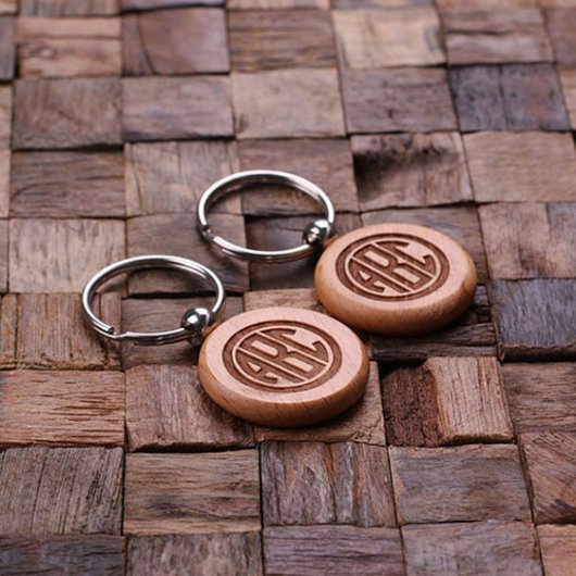Unique Engraved Monogram Round Dark Wood Keychain (In a Pair)
