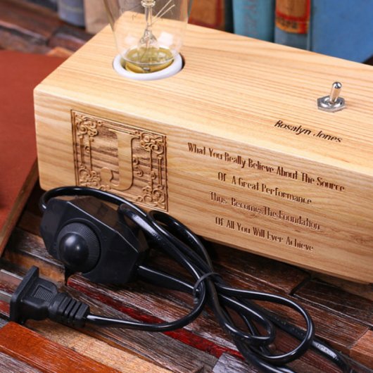 Unique Engraved Monogram Wooden Edison Lamp Award (Front Top)