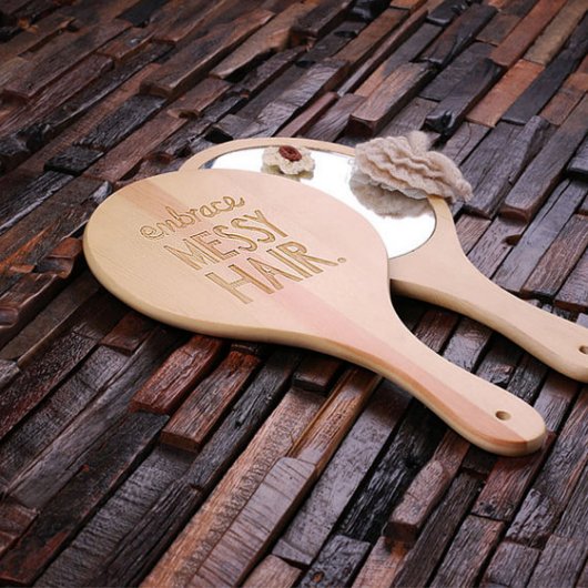 Unique Engraved Natural Wood Handheld Mirror (Top)