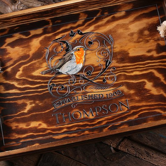 Unique Engraved Robin Wood Serving Tray (Top)