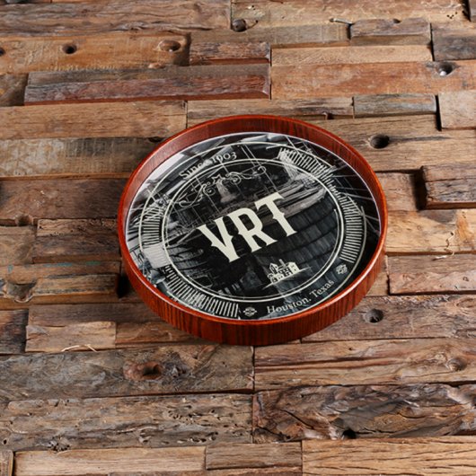 Unique Engraved Round Dark Wood Serving Tray (Top)