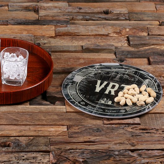 Unique Engraved Round Dark Wood Serving Tray (Front Top)