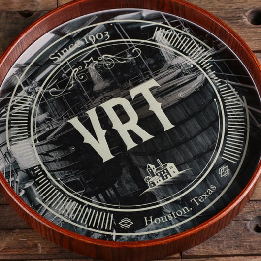 Unique Engraved Round Dark Wood Serving Tray (Top)