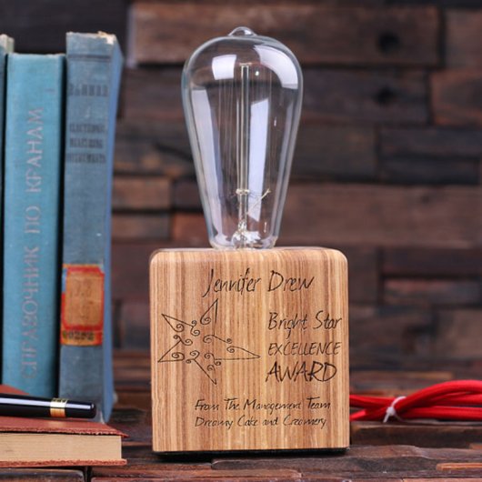 Unique Engraved Star White Oak Wood Edison Lamp (Front)