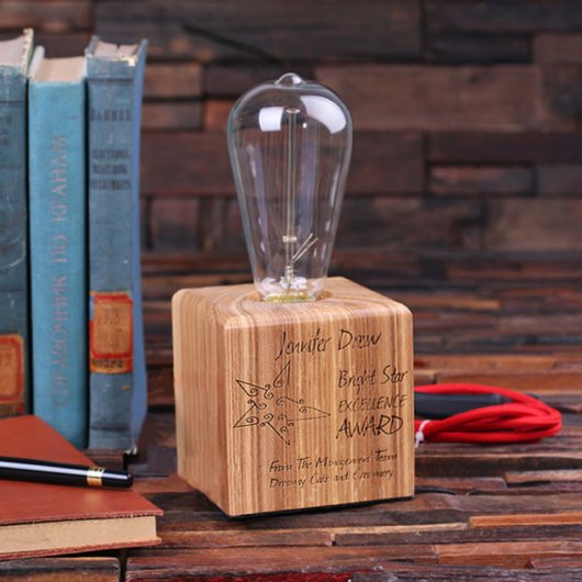 Unique Engraved Star White Oak Wood Edison Lamp (Front Left)