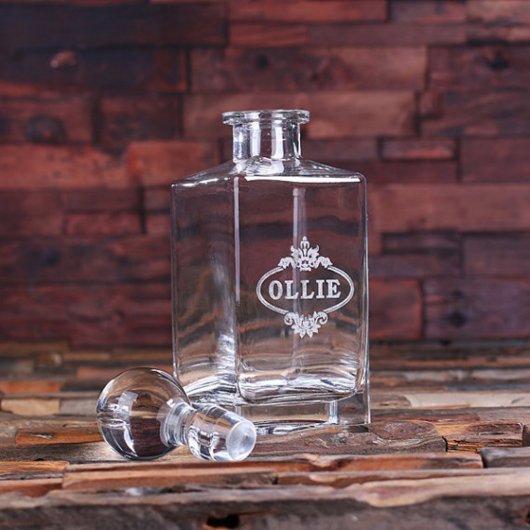 Unique Etched Round Stopper Whiskey Decanter (Front)