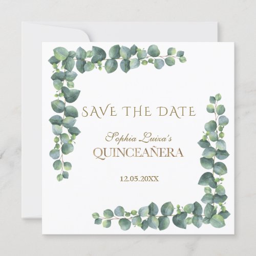 Unique Eucalyptus Foliage Gold Quinceaera Save The Date