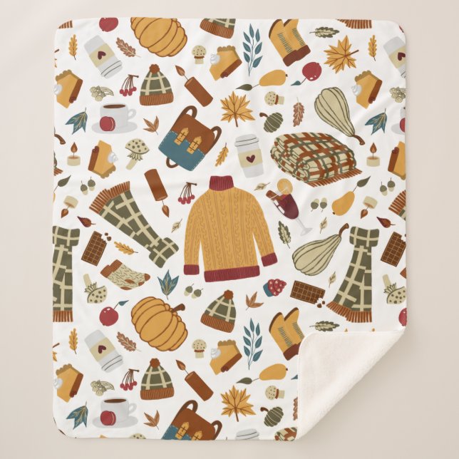 Unique Fall Leaves Harvest Autumn Pumpkins Sherpa Blanket (Front)