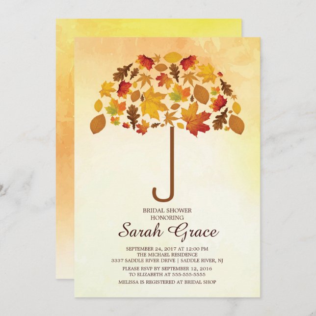 Unique Fall Leaves Umbrella Bridal Shower Invite (Front/Back)