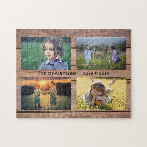 Unique Family photo collage on rustic barn wood Jigsaw Puzzle