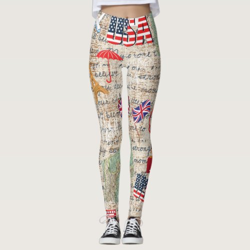 Unique Fashion United states Maps and text rustic Leggings