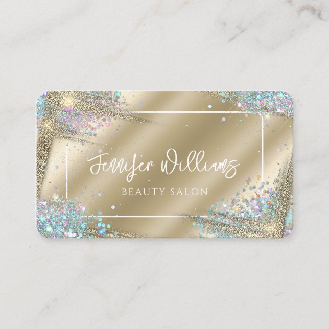 Unique Faux Gold Holographic Glitter Modern Beauty Business Card (Front)