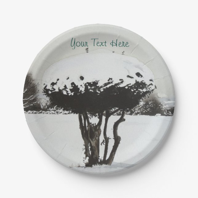 unique festive landscape snow scene at christmas paper plates (Front)