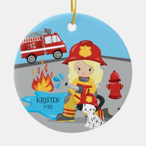 Unique Firefighter Blonde Girl Christmas Ceramic Ornament
