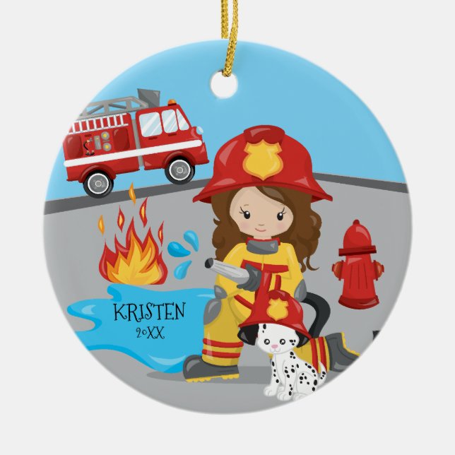 Unique Firefighter Brown Hair Girl Christmas Ceramic Ornament (Front)