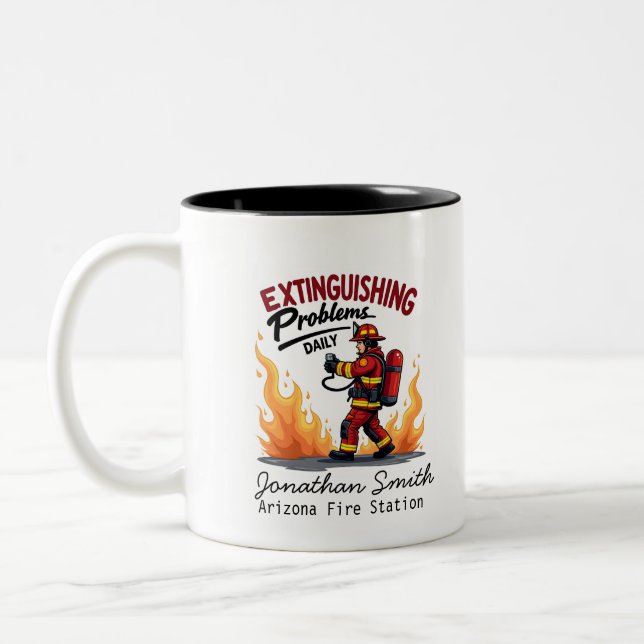 Unique Firefighter or Fireman with Red Text Two-Tone Coffee Mug (Left)