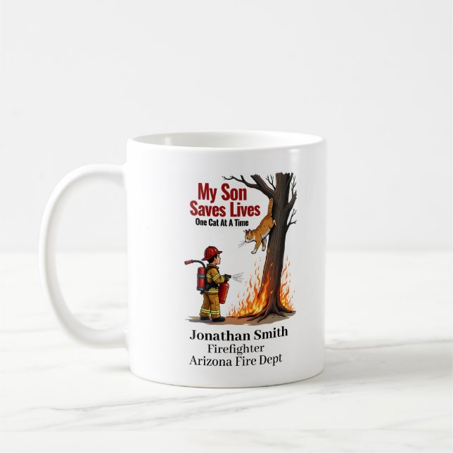 Unique Firefighter With Cat on Burning Tree Coffee Mug (Left)