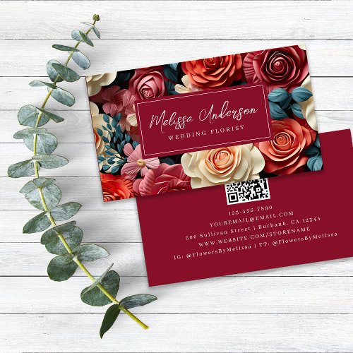 Unique Floral Burgundy QR Code Business Card