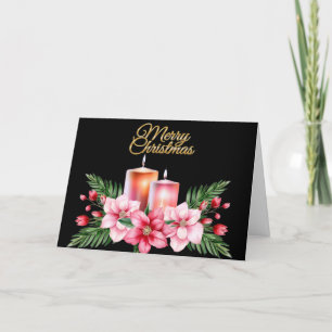 Unique Floral Candle Black Blank Merry Christmas Holiday Card