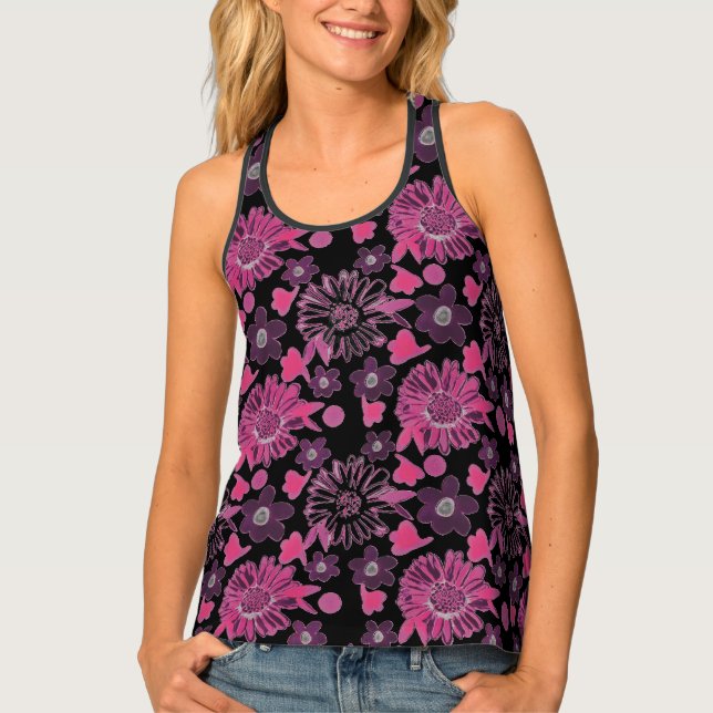 Unique floral in pink/ black pattern  tank top (Front)